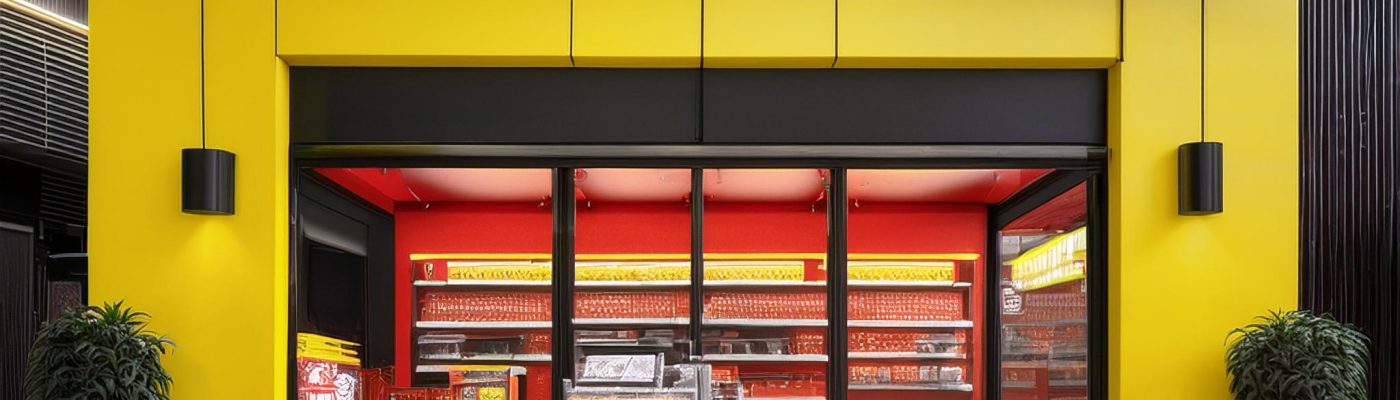 Firefly a fast food restaurant out side view photo color yellow black and red clean and minimal exte (2)